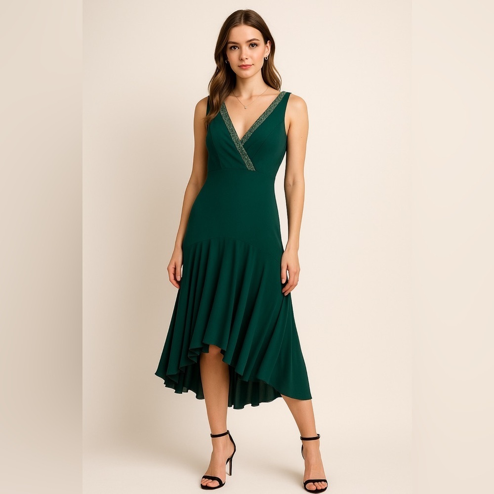 Rabbit Rabbit Designs Green Beaded Cocktail Dress Women’s Size 8 Sleeveless Midi